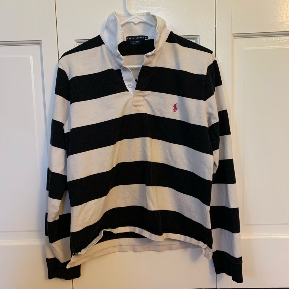 XL Women’s Black and Cream Striped Ralph Lauren